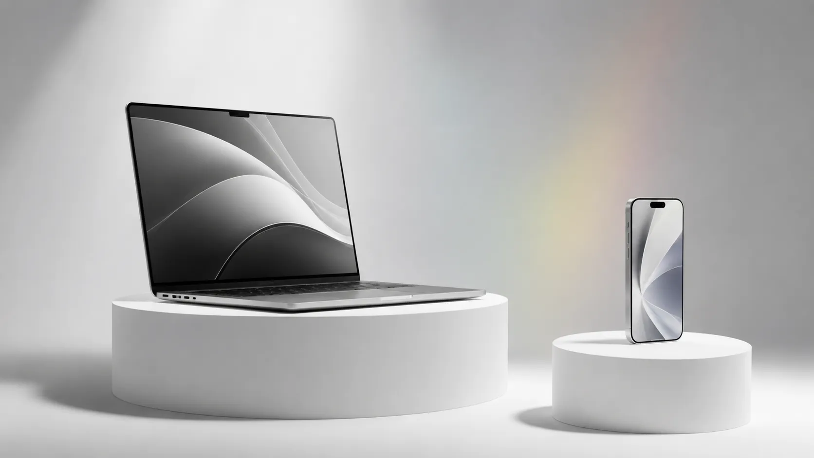 MacBook and iPhone on a minimalist launch-event stage