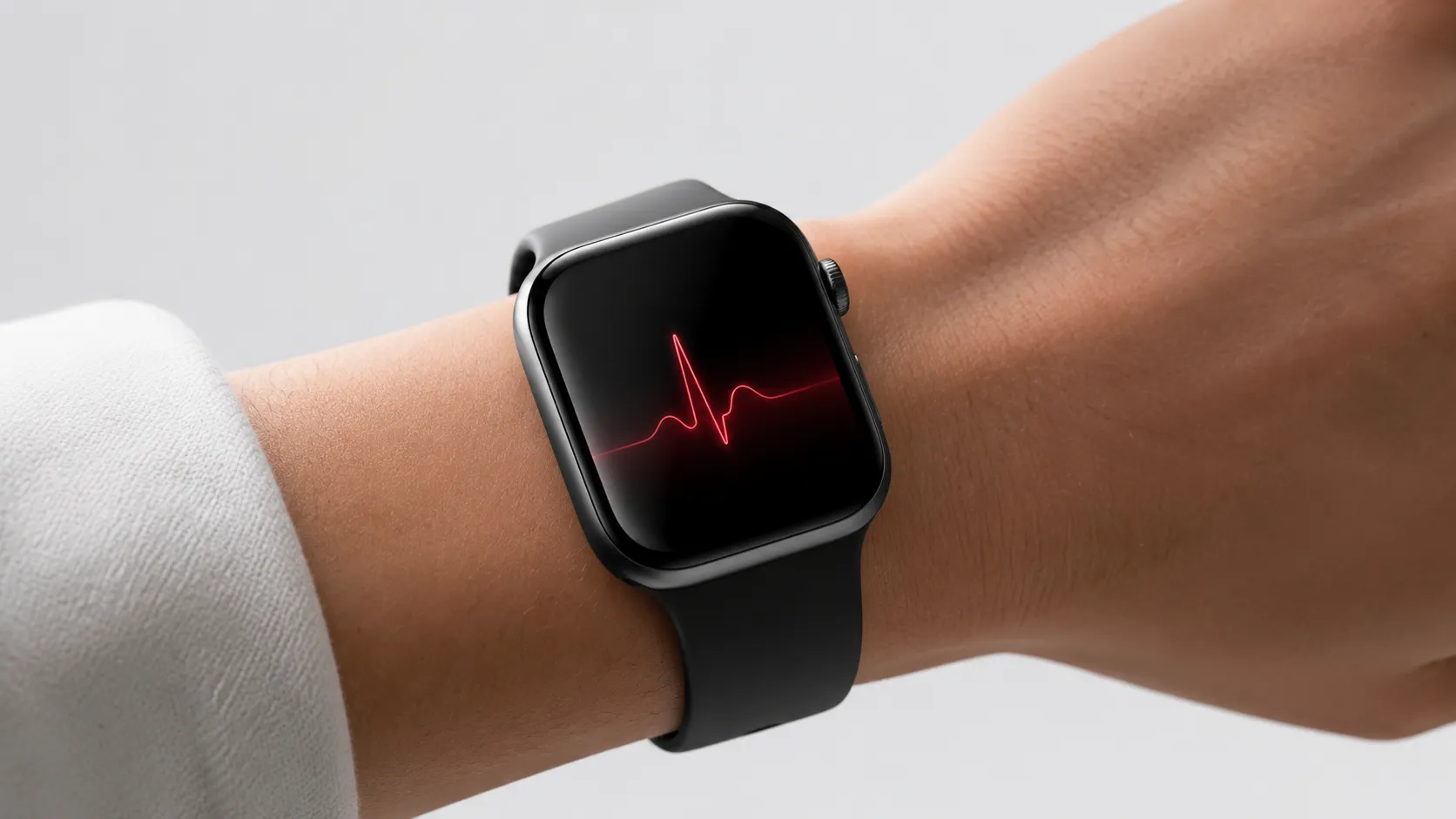 Apple Watch showing heart-rate waveform on the wrist
