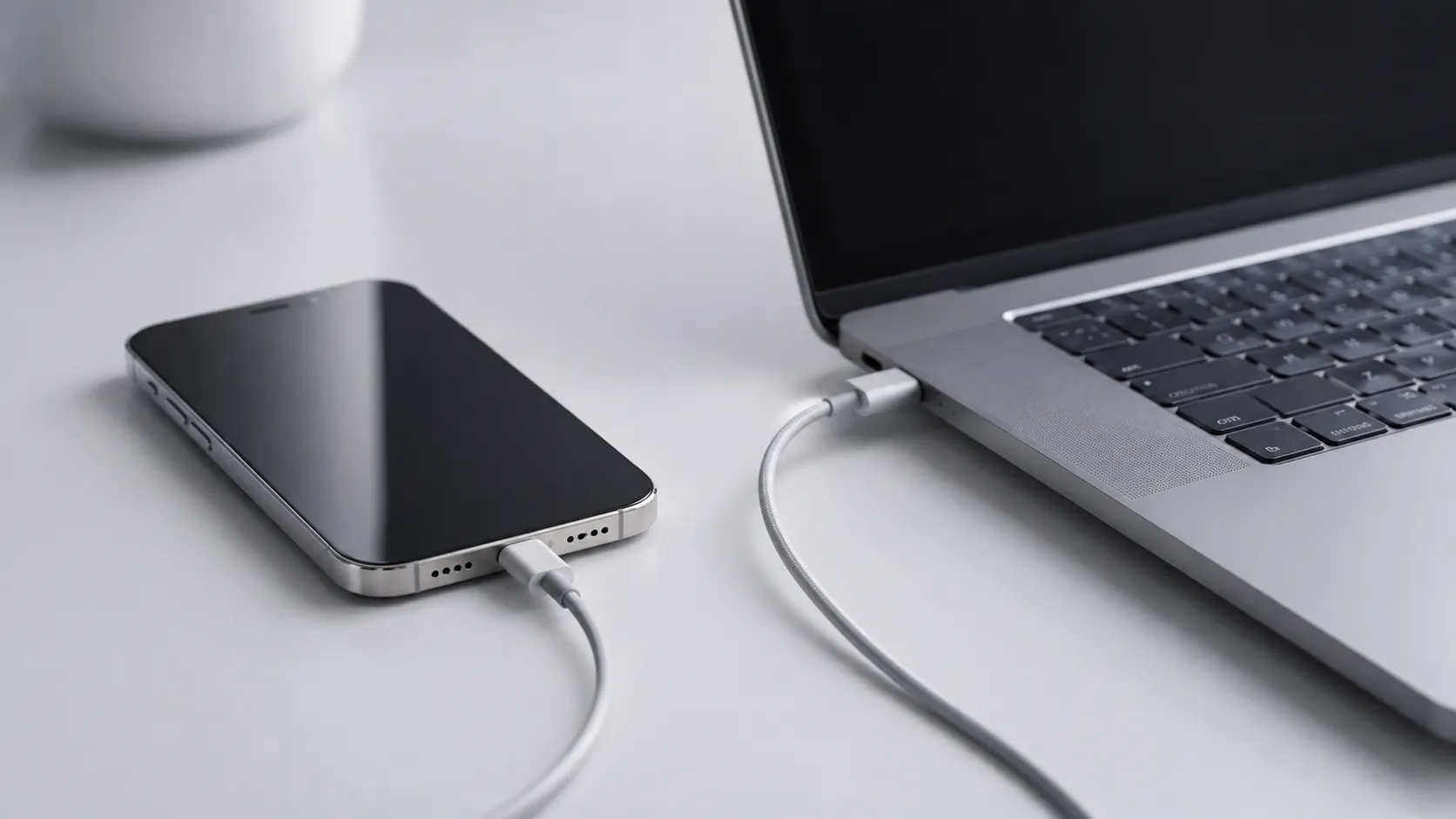 iPhone 15 connected via USB-C cable to MacBook Pro for backing up iPhone photos