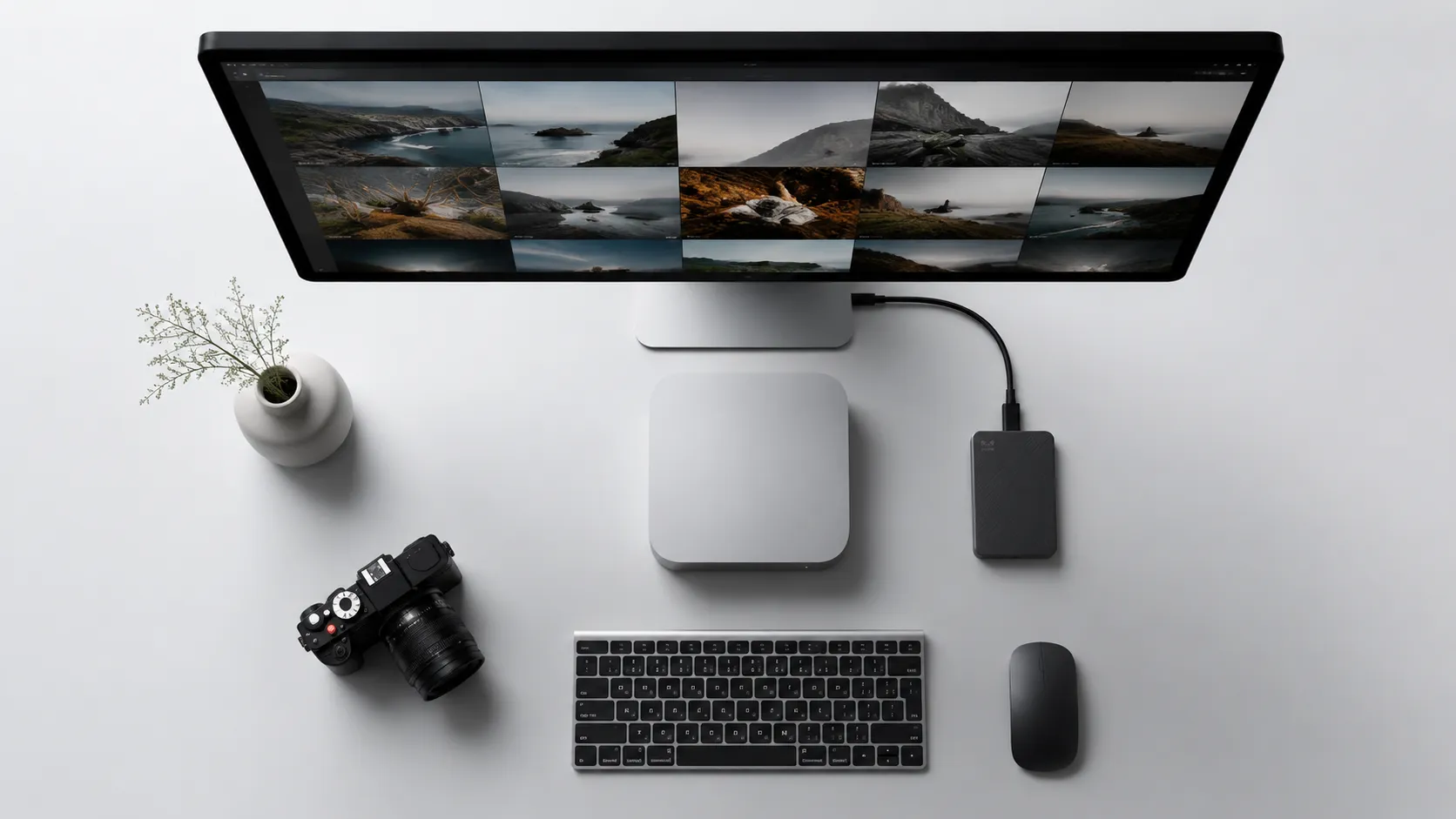 Mac mini connected to external drive running a free image browser for Mac