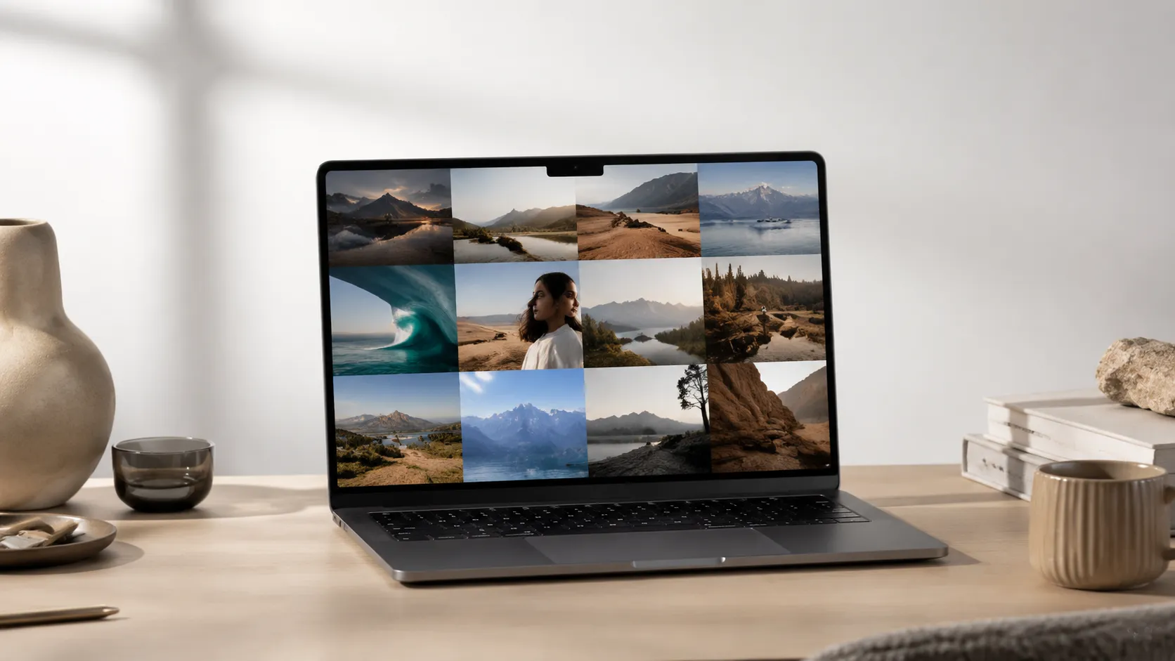 MacBook Pro displaying a free image viewer app with a full-screen photo gallery on macOS