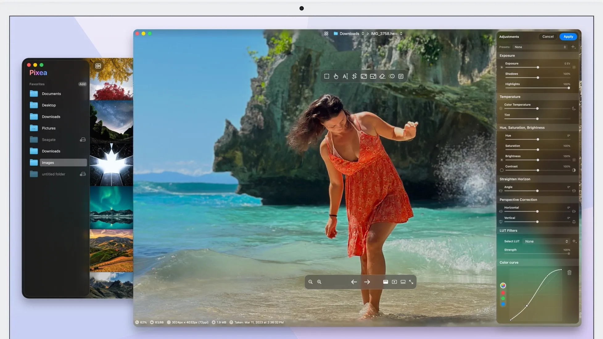 Pixea on macOS: the folder sidebar and thumbnail strip on the left, a full-size photo in the viewer, and the Adjustments panel open on the right with exposure, temperature and color curve controls