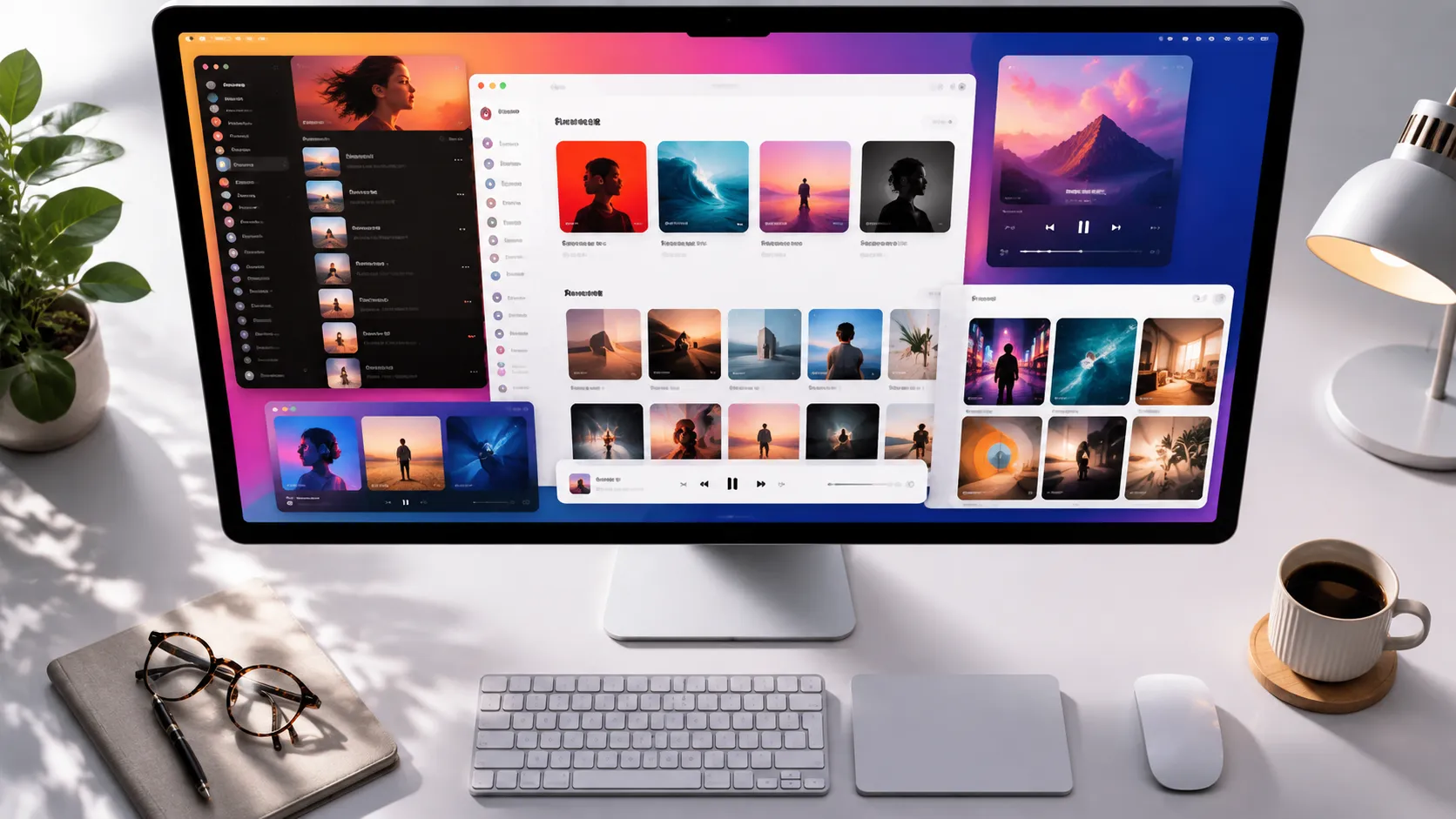 Mac desktop with multiple iTunes alternative app windows showing playlist management and album art