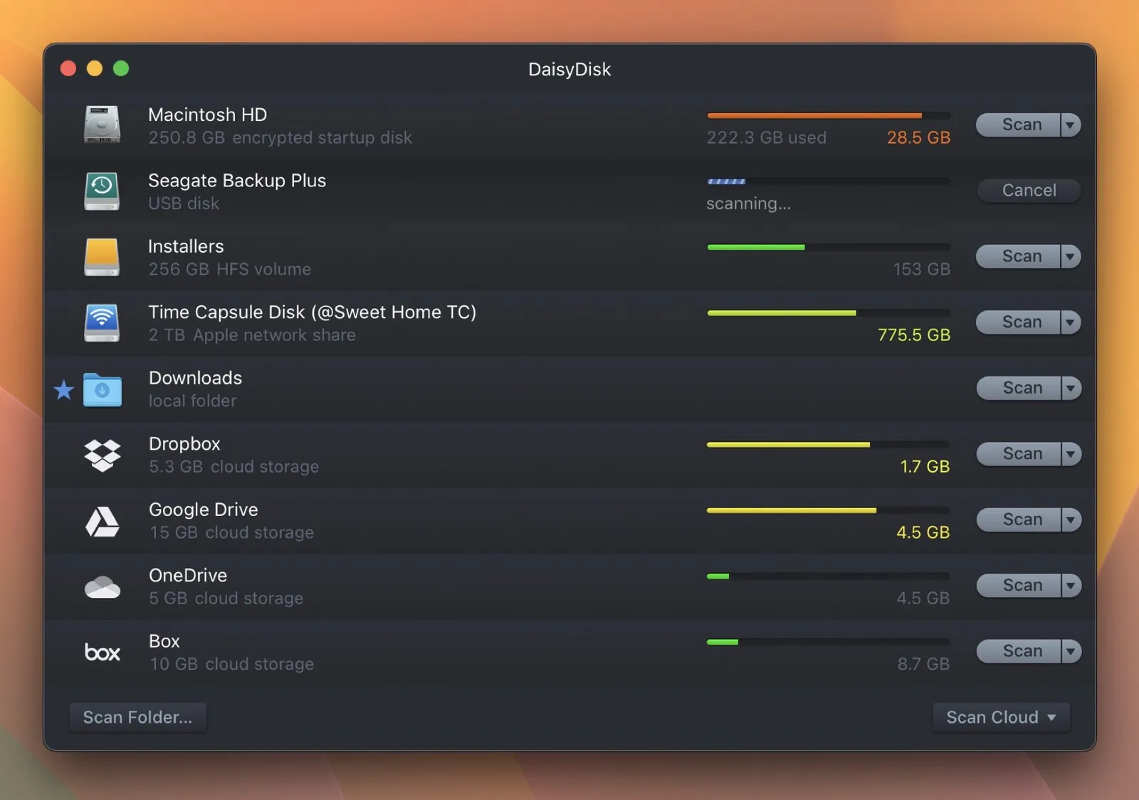 DaisyDisk's disk selection window on macOS, listing the startup disk, a USB drive mid-scan, a Time Capsule network share, and Dropbox, Google Drive, OneDrive and Box cloud accounts, each with a capacity bar and its own Scan button