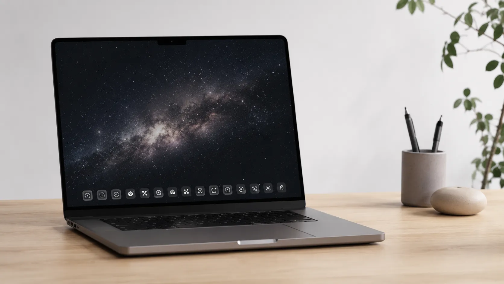 MacBook Pro with a customized macOS desktop showing dark gradient wallpaper and custom Dock icons representing the best mac themes