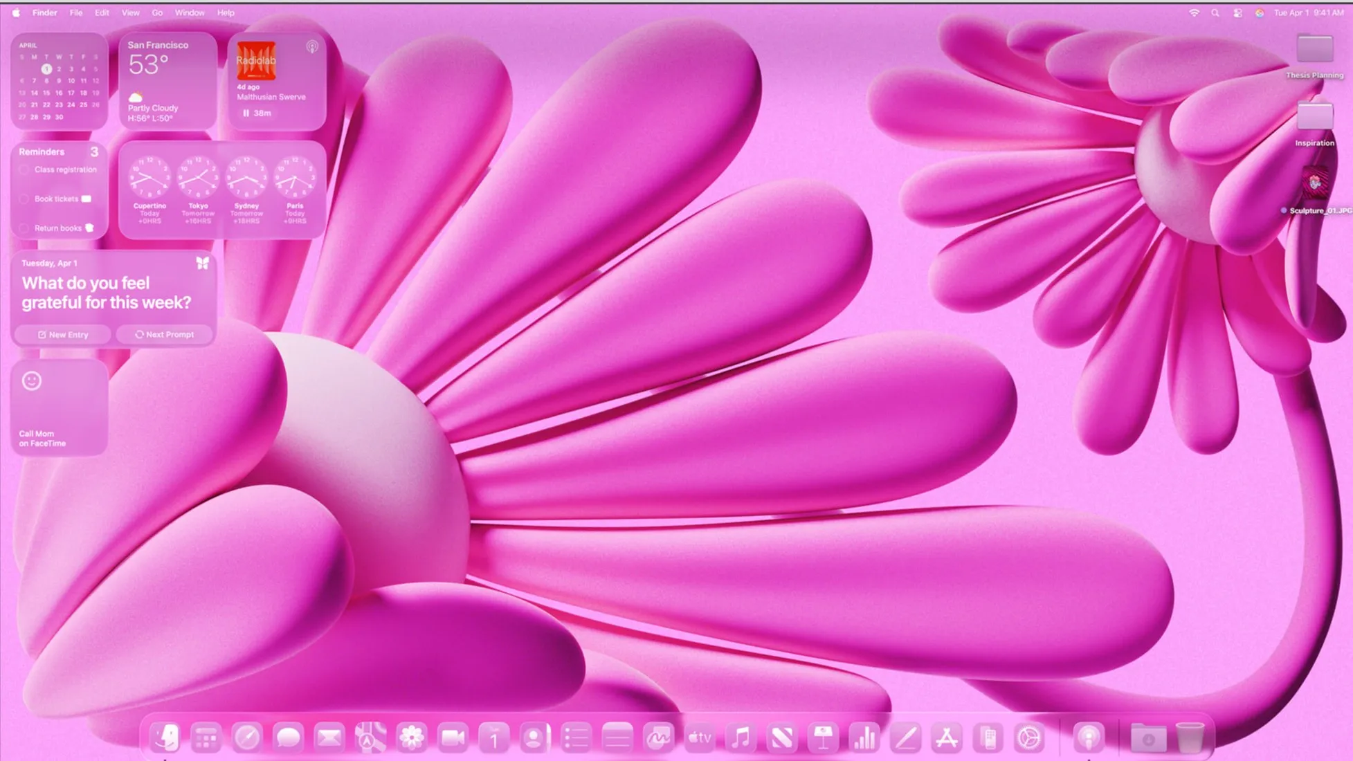 macOS Tahoe 26 desktop with the Tinted icon and widget style applied: every Dock icon is rendered in a single pink tint, and the calendar, weather, reminders, world clock and journal widgets down the left side are tinted to match the wallpaper
