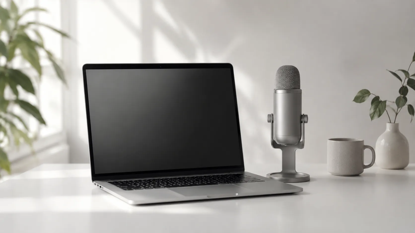 MacBook Air and USB condenser microphone on a white desk for voice recording on Mac