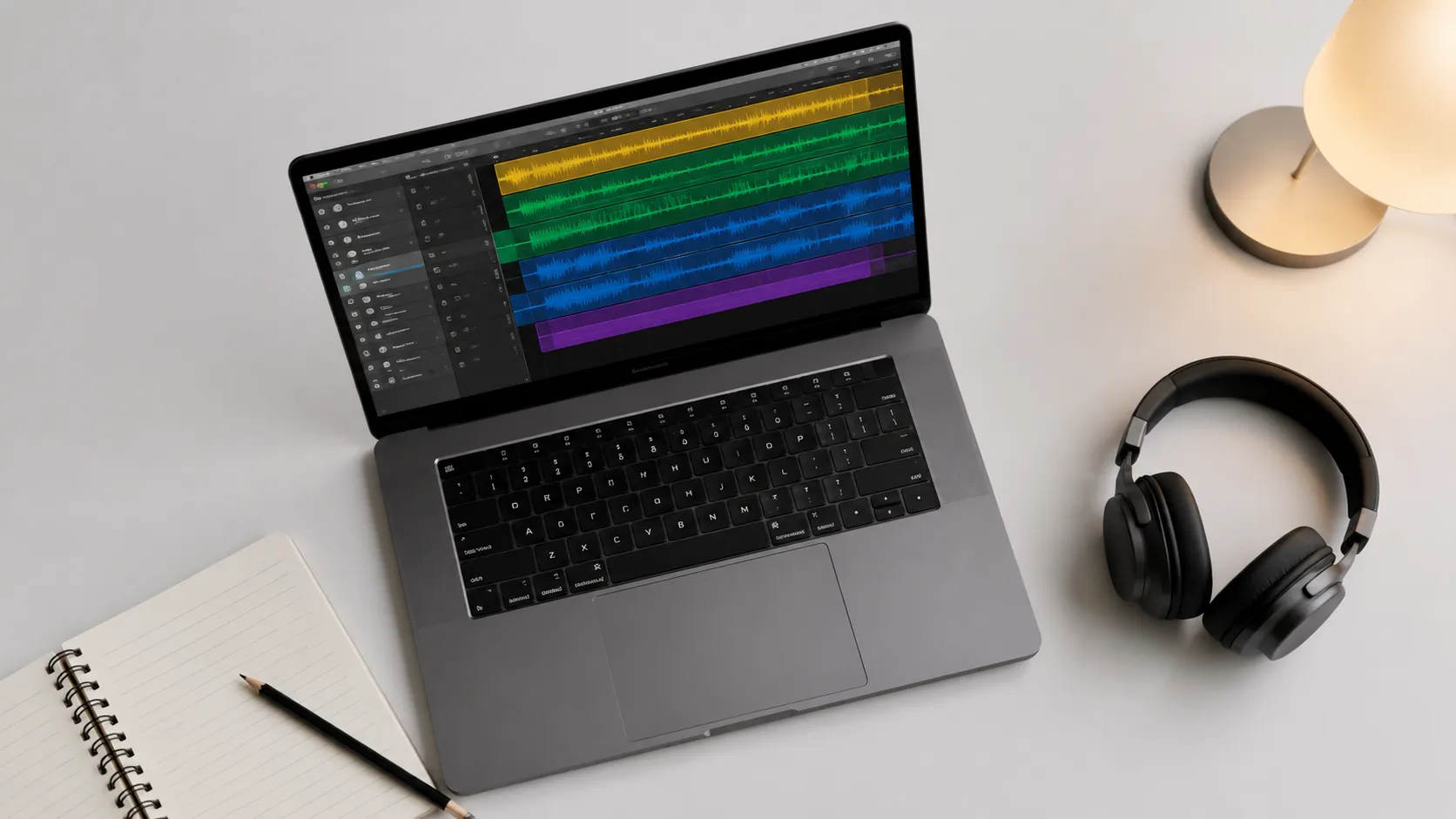 GarageBand multi-track recording session on a MacBook Pro for podcast and music production