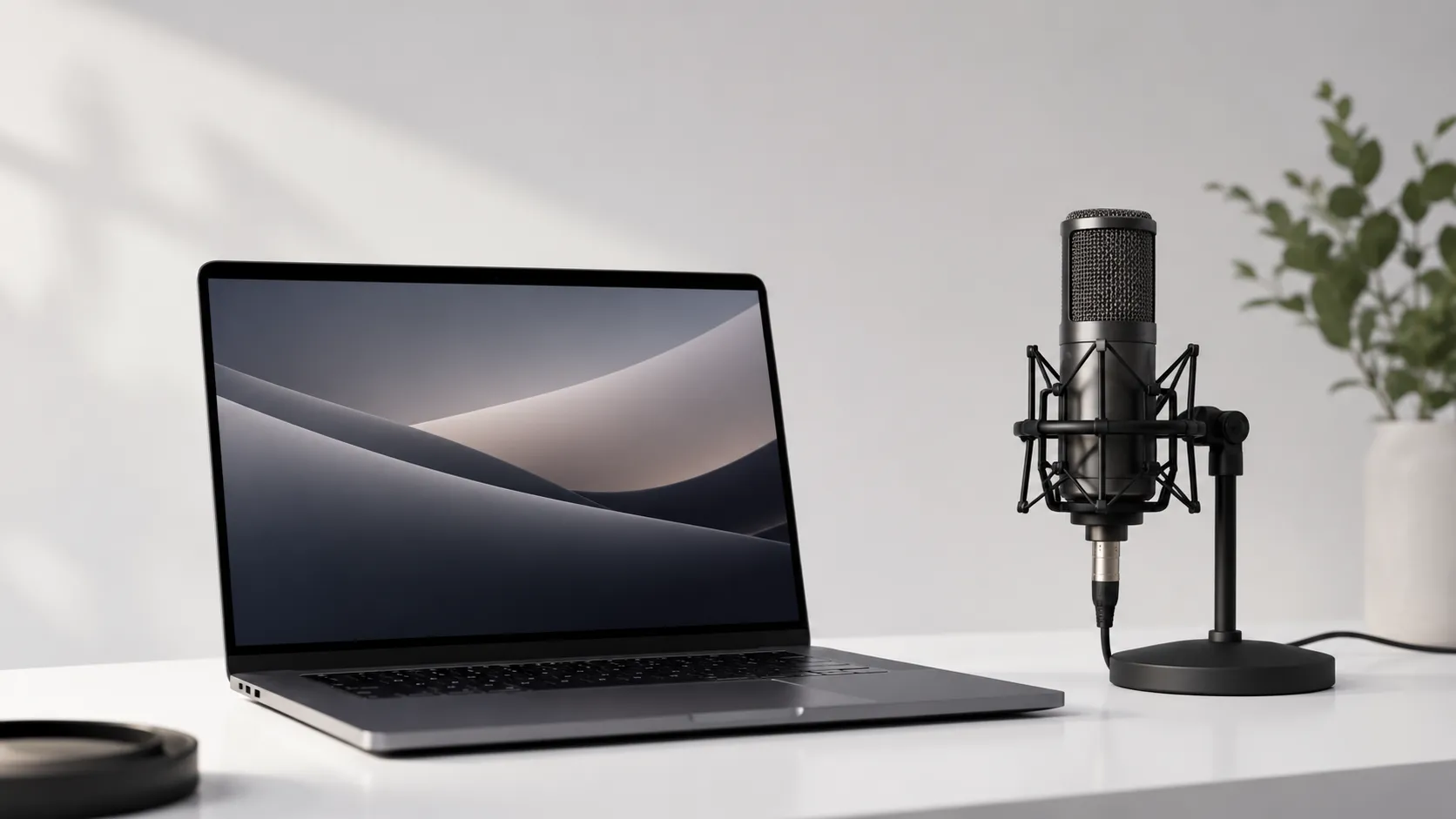 MacBook Pro open on a white desk beside a condenser microphone for voice recording on Mac