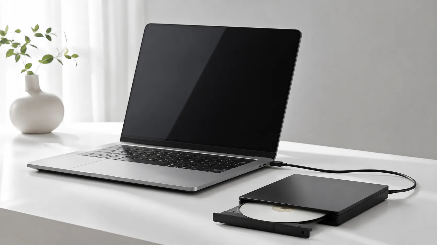 MacBook Pro connected to an external USB DVD drive on a white desk ready to burn a DVD on Mac