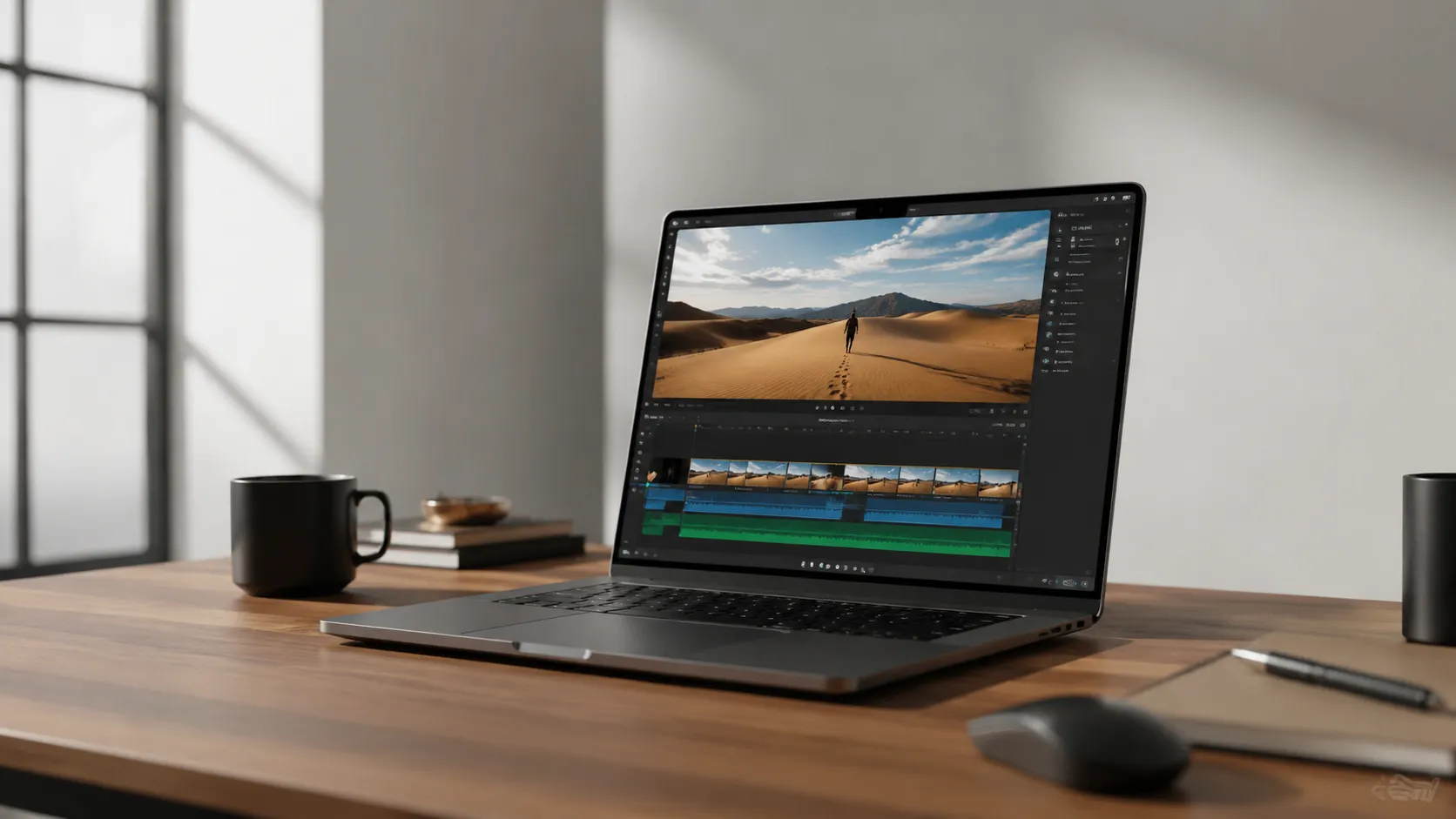 MacBook Pro open on a wooden desk showing a video editing interface for convert and edit video on Mac