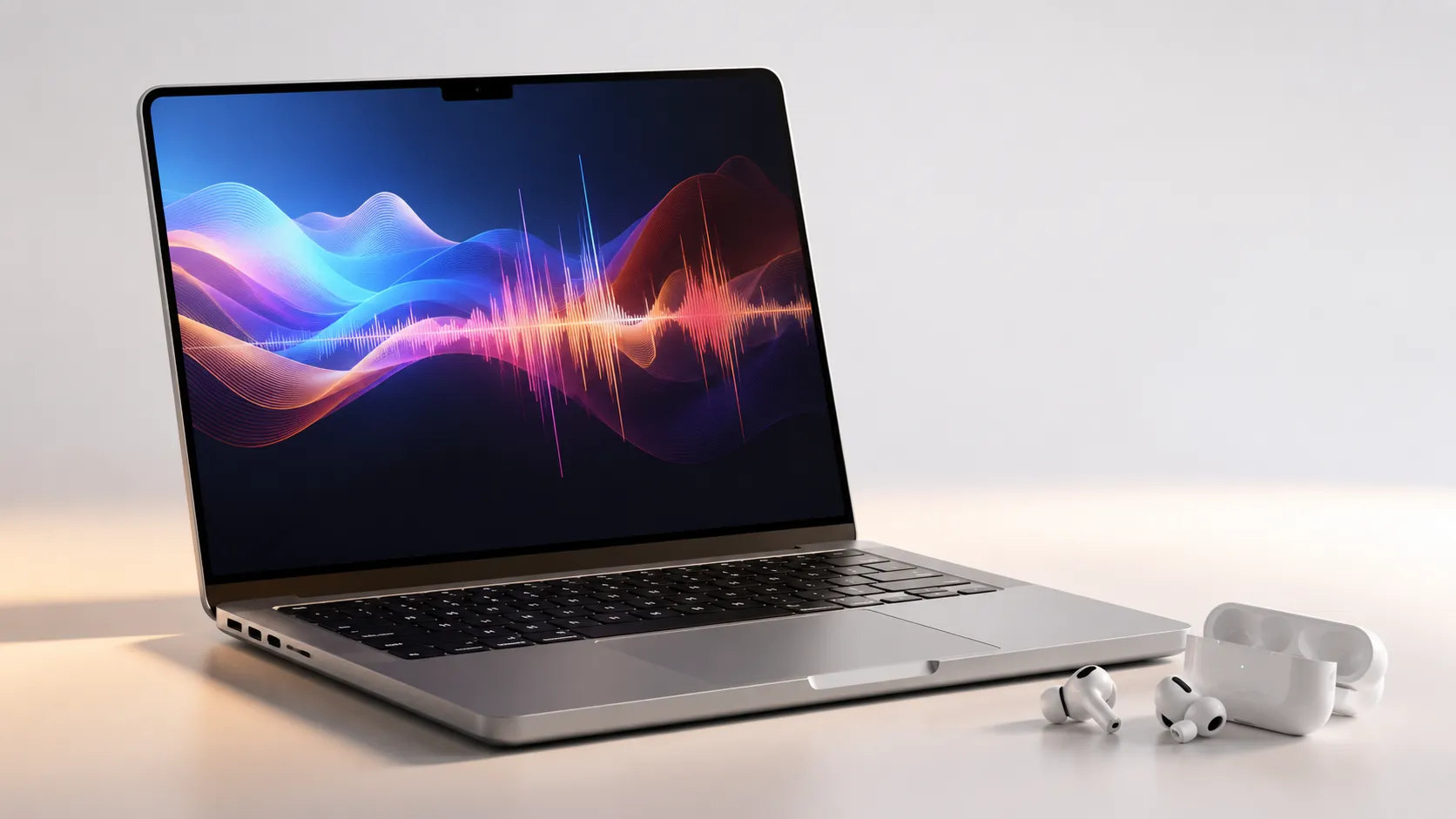 MacBook Pro with audio waveform on screen and AirPods Pro beside keyboard representing Facebook video to MP3 conversion