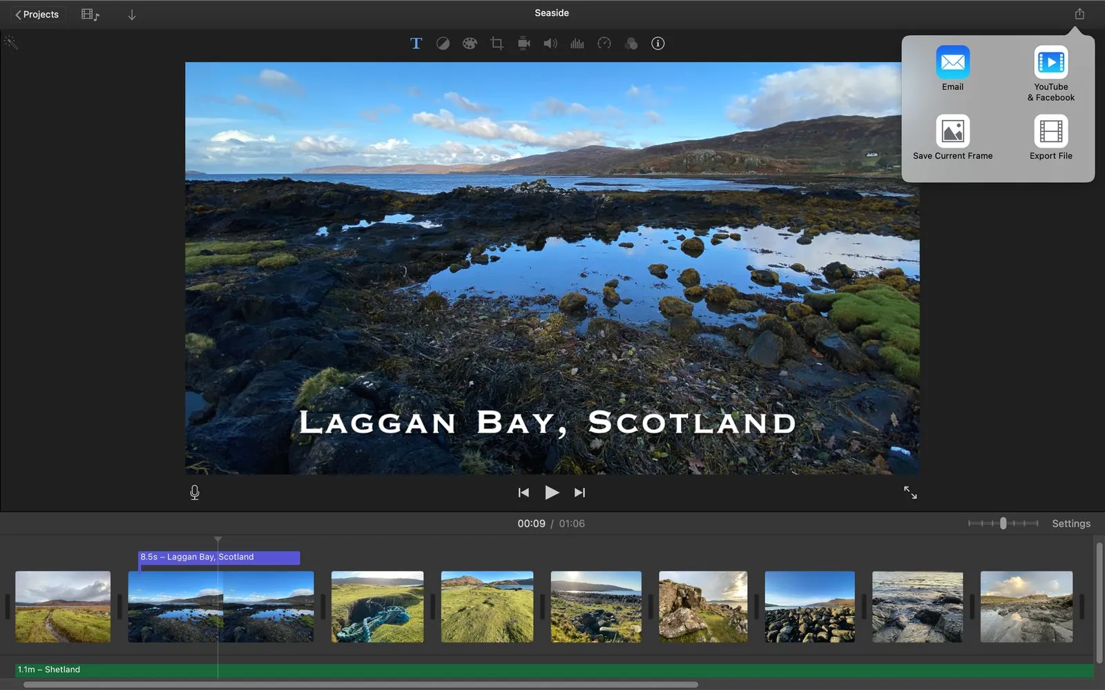 iMovie on macOS with a project named Seaside open and the Share menu expanded in the top-right corner, listing its four options: Email, YouTube & Facebook, Save Current Frame and Export File