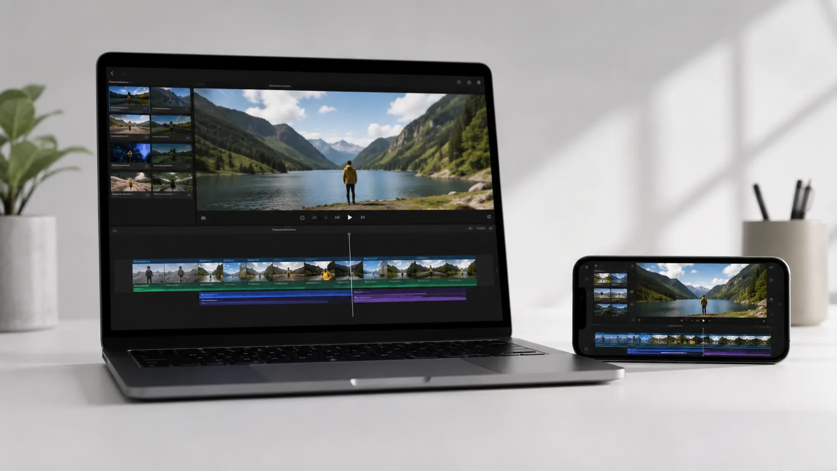MacBook Pro and iPhone displaying iMovie interfaces side by side for exporting iMovie projects