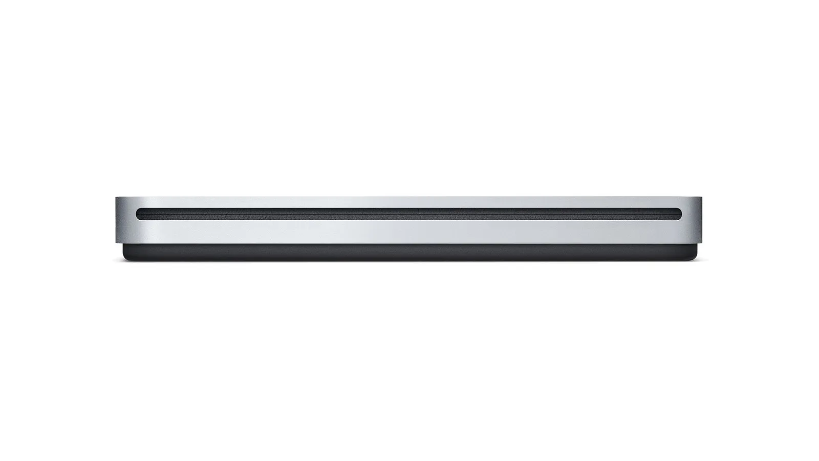 The Apple USB SuperDrive photographed from the front, showing its slot-loading disc opening