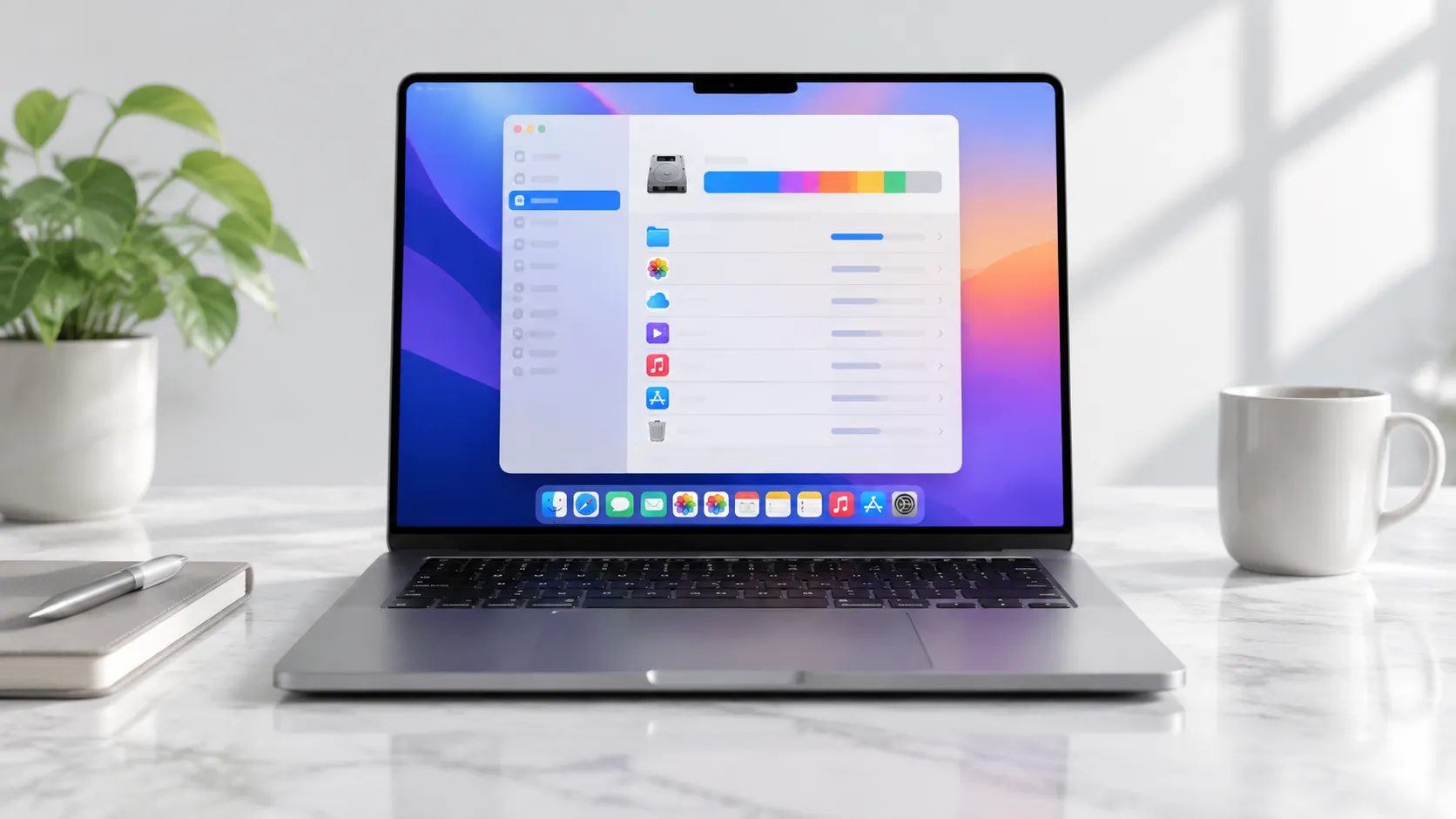 MacBook Pro open on a desk, illustrating storage management on macOS Tahoe