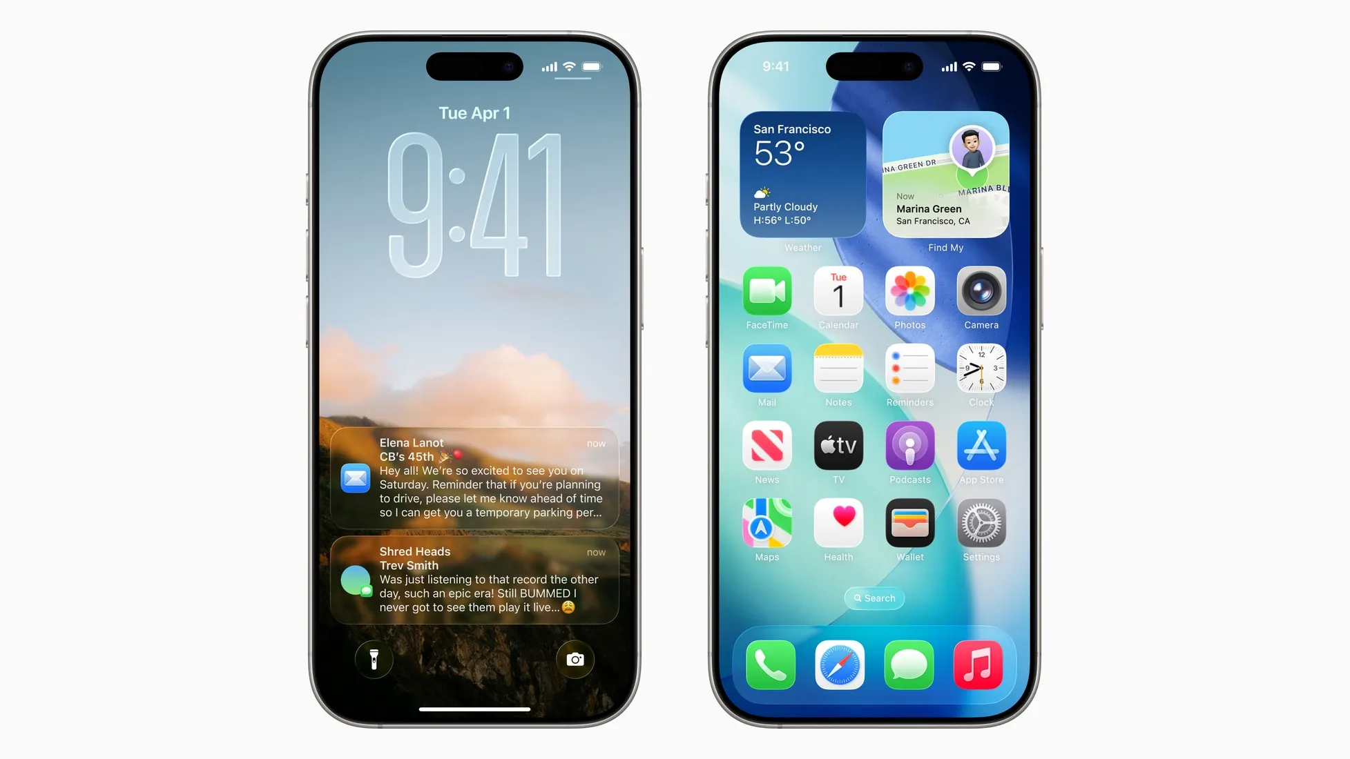 Two iPhones running iOS 26 side by side: on the left the lock screen with the large translucent Adaptive Time clock partly obscured by the cloud line of the wallpaper and two Liquid Glass notification cards, on the right the home screen with Liquid Glass app icons and Weather and Find My widgets
