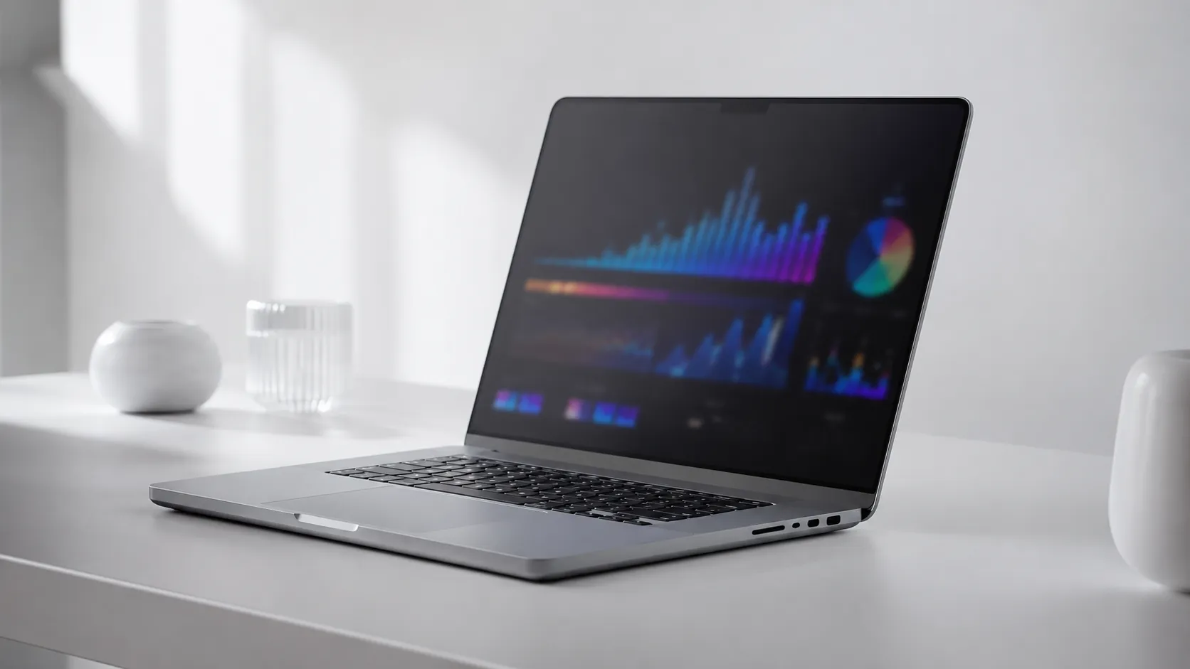 MacBook Pro on a desk with abstract performance graphs overlay representing Mac Activity Monitor diagnostics