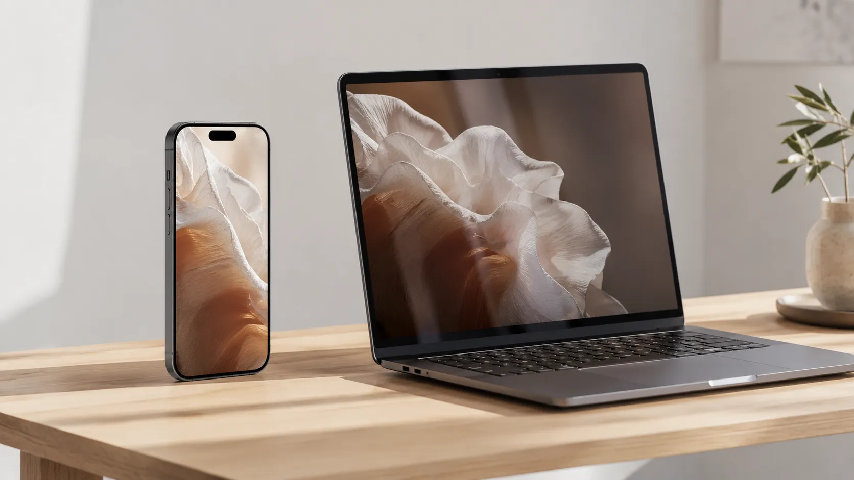 iPhone and MacBook side by side demonstrating mirror iPhone to Mac workflow on a wooden desk