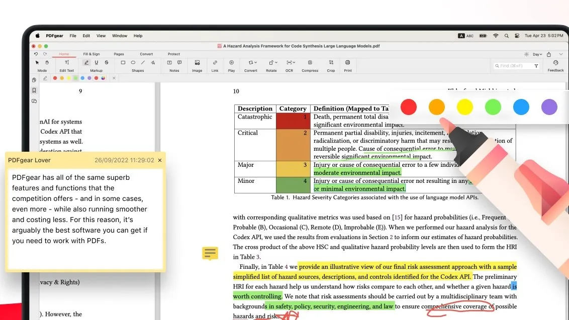 PDFgear's annotation and comment tools open on a macOS window, from the developer's own Mac App Store listing