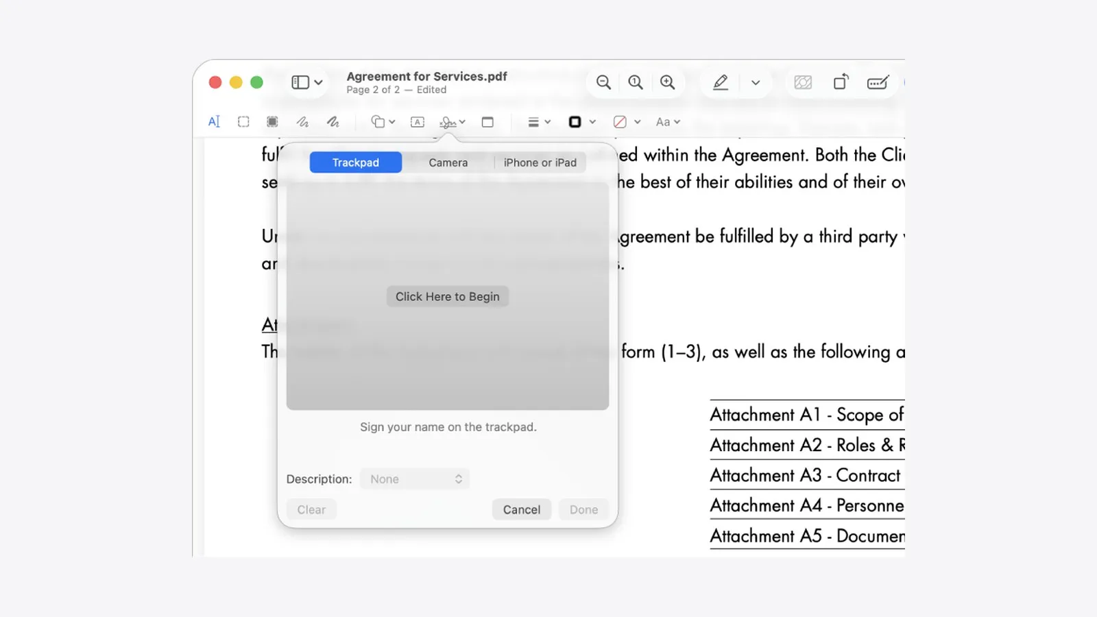 Preview on macOS with a PDF contract open and the signature panel showing the Trackpad, Camera and iPhone options