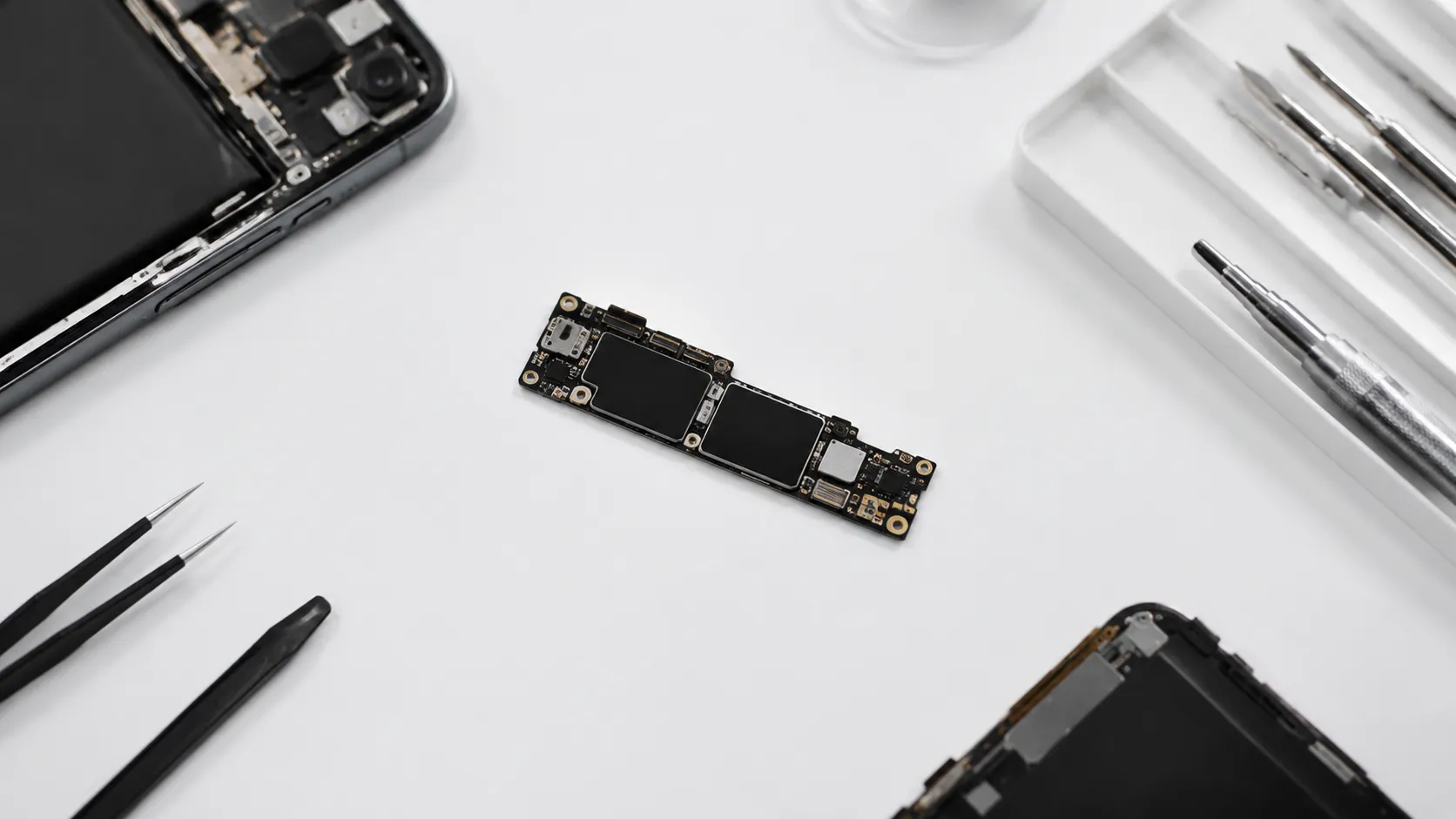 Technician disassembling iPhone motherboard for professional hardware data recovery