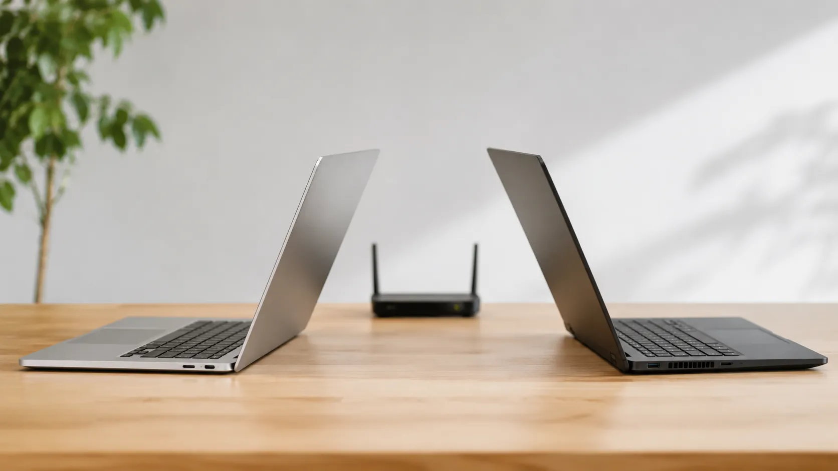 MacBook and Windows laptop positioned facing each other on a desk, illustrating file sharing between Mac and Windows