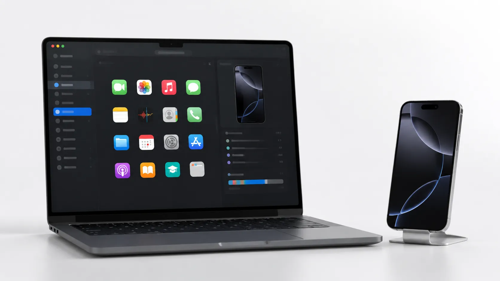 iMazing app on MacBook screen next to iPhone for third-party music transfer from iPhone to Mac