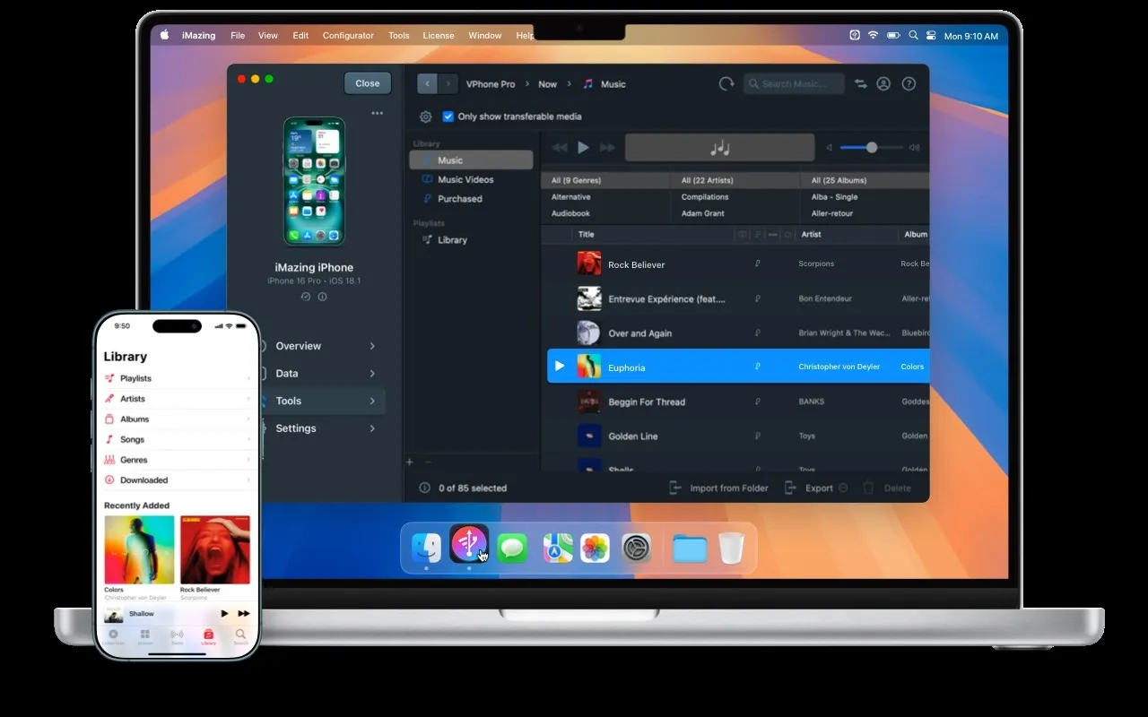 iMazing on a Mac with an iPhone connected, showing the device's music library as a track list with title, artist and album columns, a Music sidebar filtered to transferable media, and Import from Folder and Export buttons along the bottom